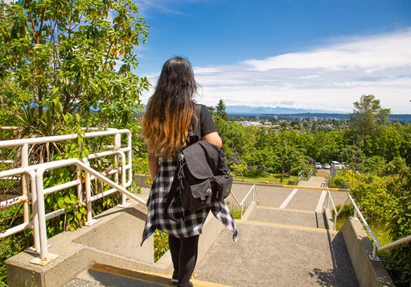 Person at the top of a long staircase looking out at the view