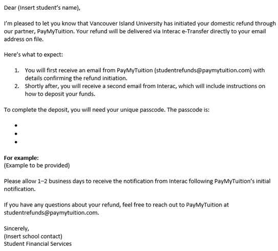 Example email re Paymytuition passcode