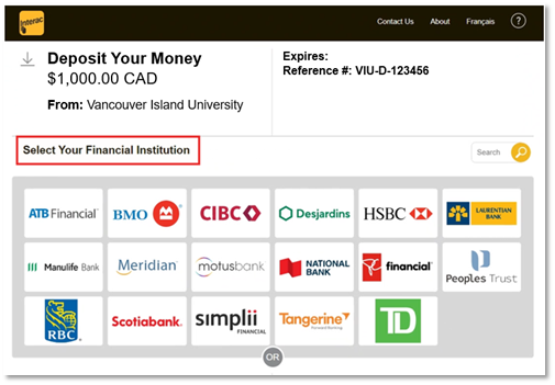 Select Canadian banking institution page
